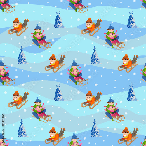 Vector illustration of happy children playing sledding, tubing with parents, walking outdoor.