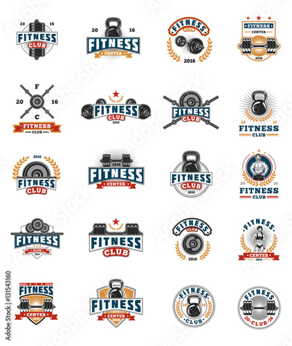 Set bodybuilding badges, stickers isolated on white.