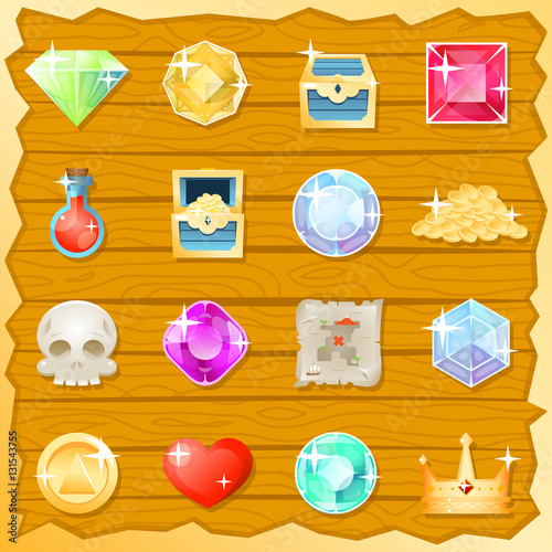 Pirate Game Jewel Gold Skull Trasure Chest Potion Heart Value Icon Set Retro Mobile Cartoon Design Vector Illustration