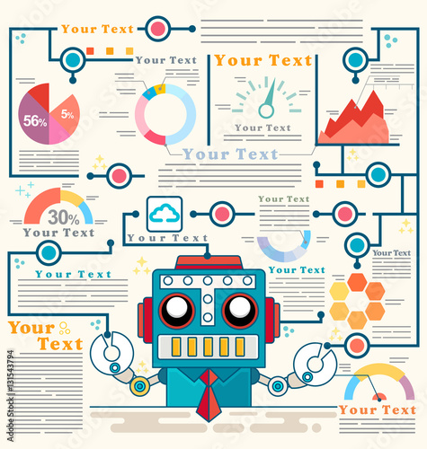 Info graphic Template with robot standing confidently in front of rising stock, illustrator vector