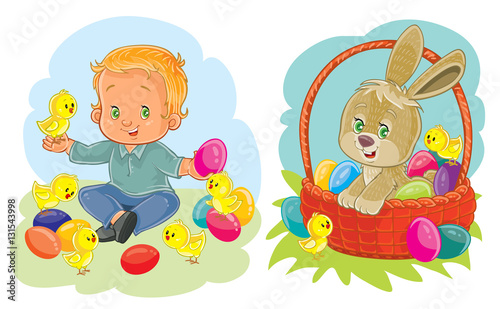 Set clip art illustrations with young children on Easter theme