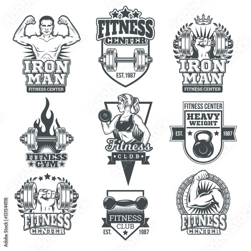 Set bodybuilding badges, stickers isolated on white.