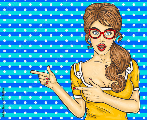 Pop art girl pointing at something