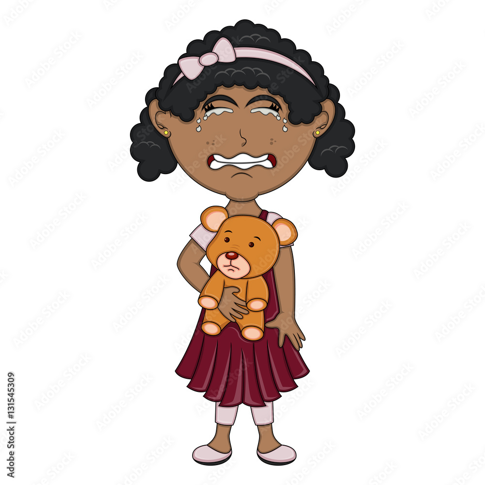 Little girl hold a bear and cry cartoon