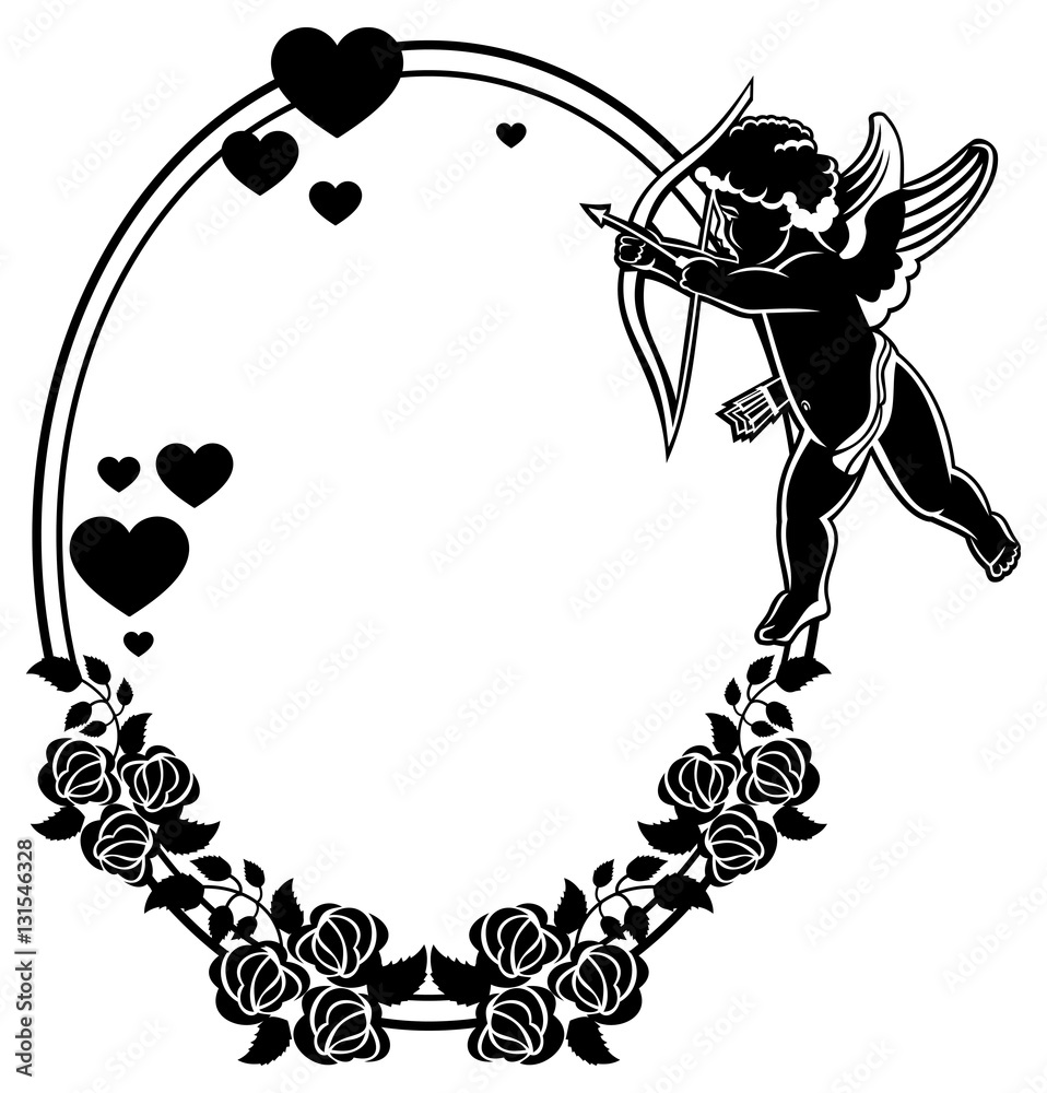 Fototapeta premium Cupid with bow hunting for hearts. Black and white frame.