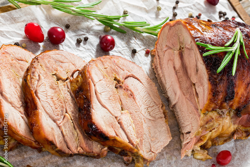 delicious roast in oven turkey roulade cut in slices