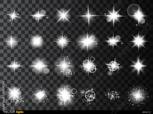 Set of Vector glowing light effect stars bursts with sparkles on transparent background. Transparent stars.