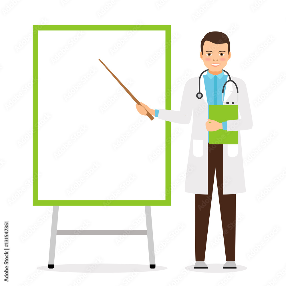 Doctor with flip chart white board, vector illustration Doctor with flip chart white board, vector illustration