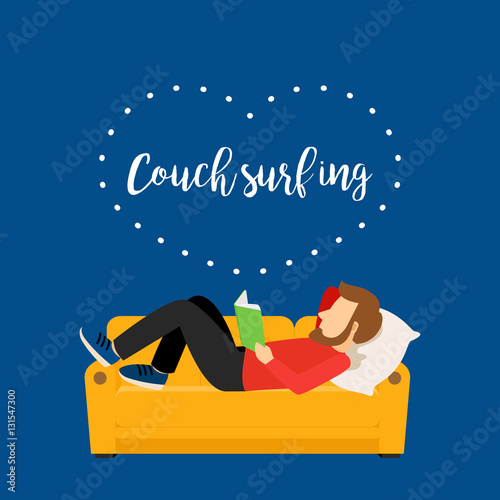 Couch surfing man. Vector poster with man reading book on a couch