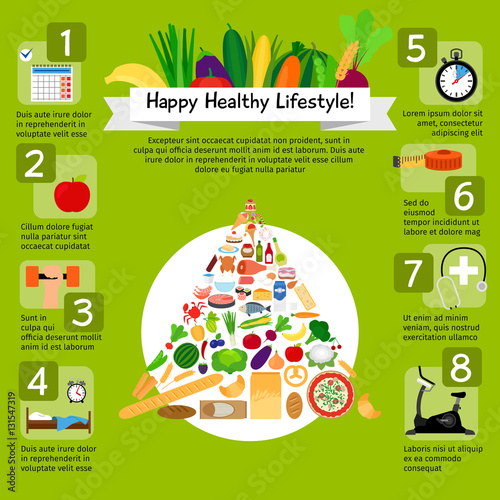 Happy healthy lifestyle infographic design with healthy food and sport icons. Vector illustration