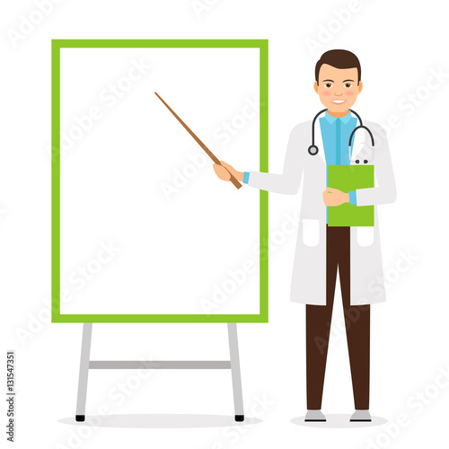 Doctor with flip chart white board, vector illustration