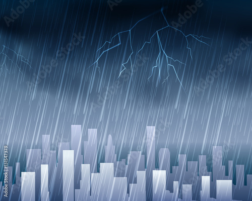 Rainy weather in town blue background. Skyline city or urban cityscape with rain and clouds vector illustration