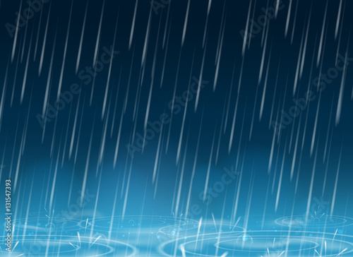 Autumn weather blue nature background with falling rain drops and puddles vector illustration