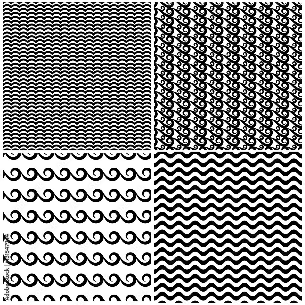 Set of swils and waves seamless patterns in black  white