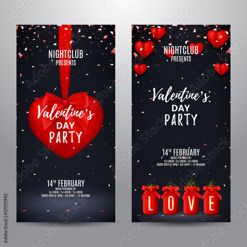 Set of Valentine's Day party flyers. Beautiful backdrops with red hearts and bows on jars. Vector illustration with lights and confetti. Invitations to nightclub.