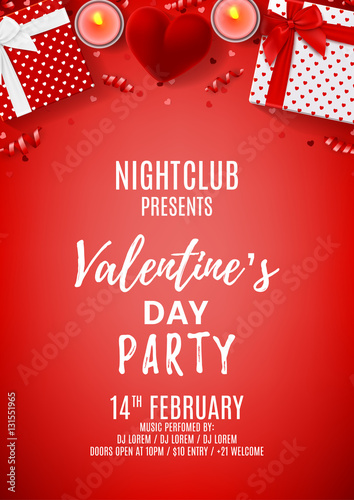 Red party flyer for Happy Valentine's Day. Top view on gift boxes and case for ring. Beautiful backdrop with candles, confetti and serpentine. Vector illustration. Invitation to nightclub.