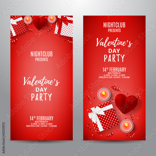 Set of red party flyers for Happy Valentine's Day. Top view on gift box and red case for ring. Beautiful backdrop with candles, confetti and serpentine. Vector illustration. Invitation to nightclub.
