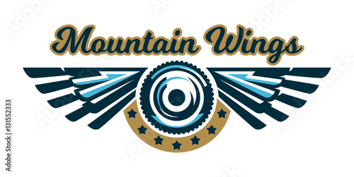 The logo of a bicycle wheel and wings. Mount, eagle, feathers, angel. Vector illustration. Flat style