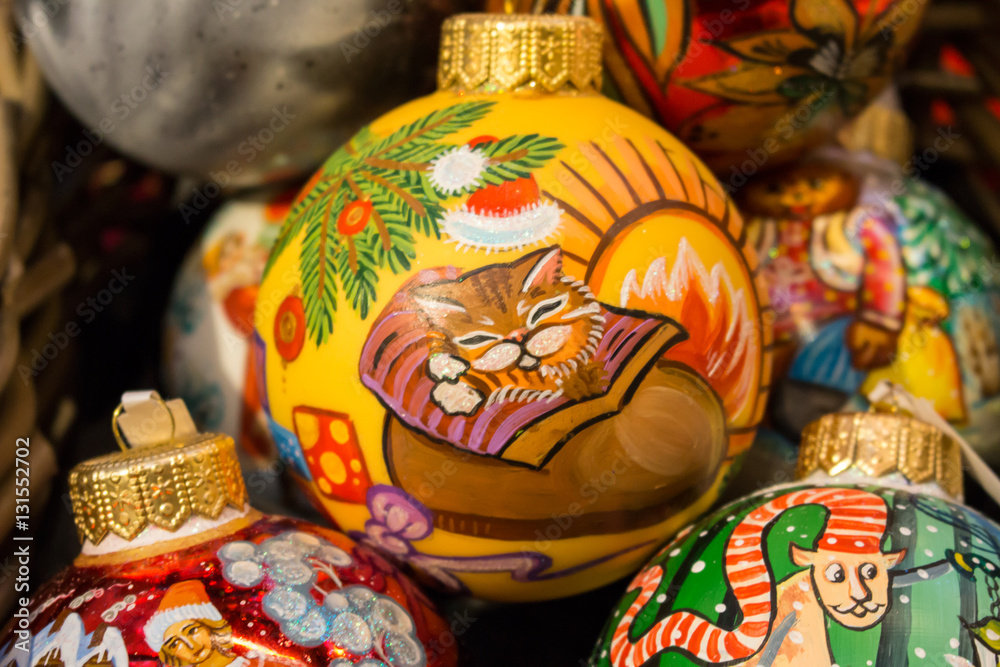 Festive balls made of glass on the Christmas market