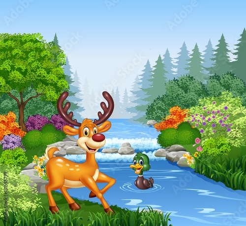 Cartoon deer at the river bank