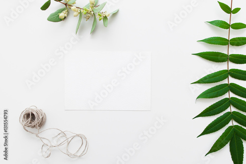 Blank card with twine and green leaves flat lay. Top view on artisan workplace with herbarium and string on white background, free space. Art, creativity, imagination concept © golubovy