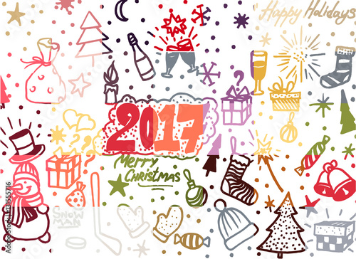 Christmas hand drawn cute doodles, stickers, illustrations and elements