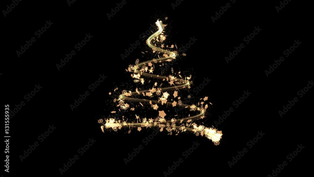 Elegant Christmas Tree made by Golden Sparkling Glitters, Snowflakes and Stars. Xmas motion background. 3d render Full HD video footage