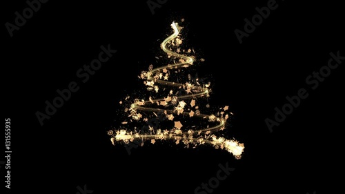 Elegant Christmas Tree made by Golden Sparkling Glitters, Snowflakes and Stars. Xmas motion background. 3d render Full HD video footage