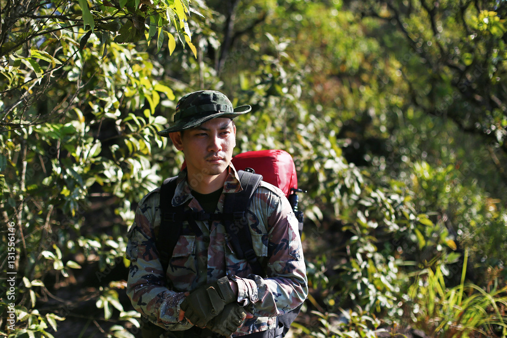 Man Traveler with backpack trekking in forest, Hikers trekking 
with backpacks in forest
