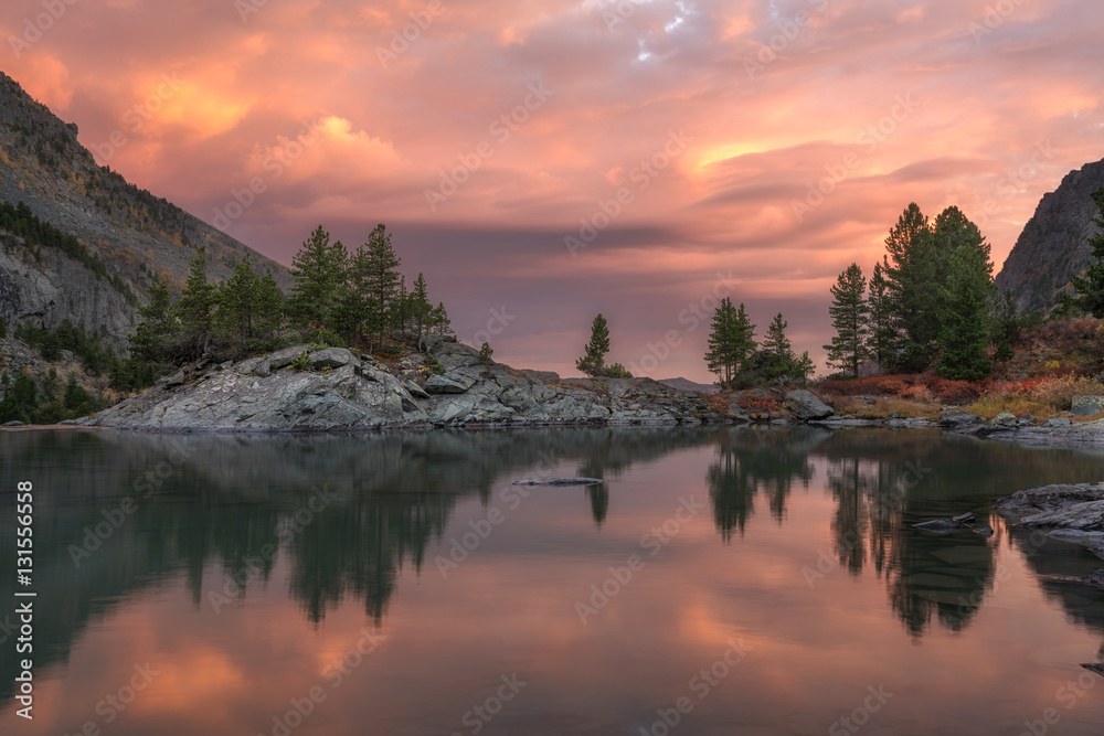 Rocks And Trees Reflecting In Pink Waters Of Sunset Mountain Lake, Altai Mountains Highland Nature Autumn Landscape Photo