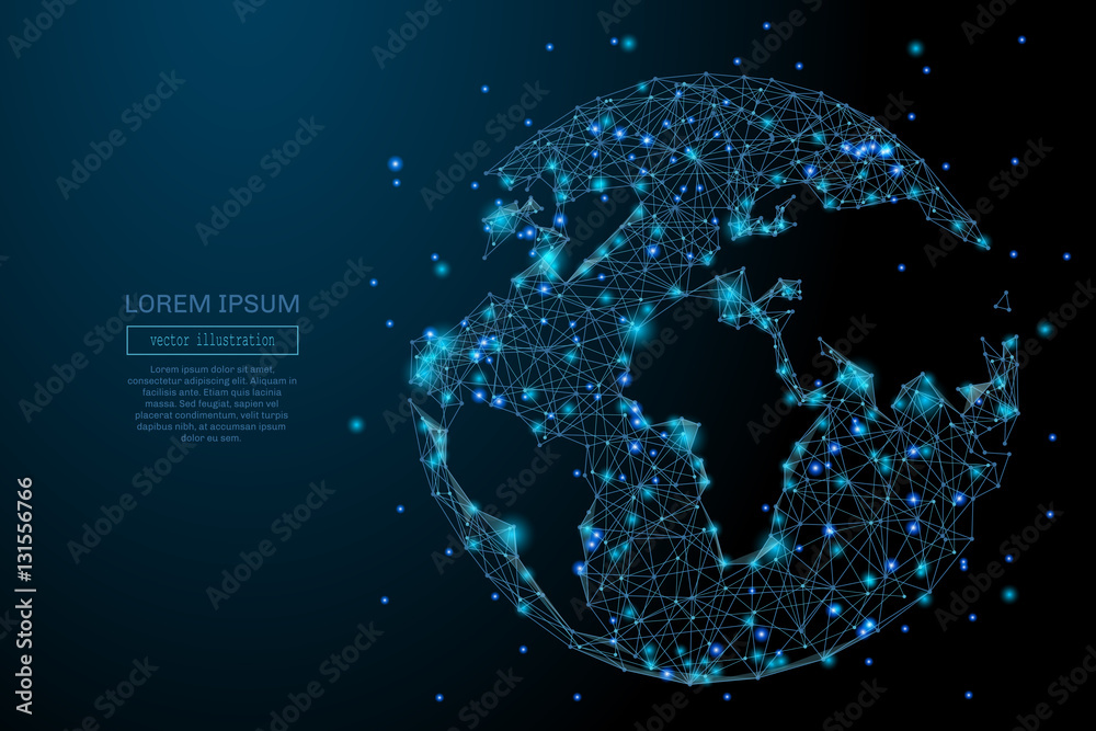 Abstract image of a planet Earth in the form of a starry sky or space, consisting of points, lines, and shapes in the form of planets, stars and the universe. Earth vector wireframe concept