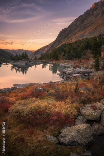 Pink Sky And Mirror Like Lake On Sunset With Red Color Growth On Foreground, Altai Mountains Highland Nature Autumn Landscape Photo