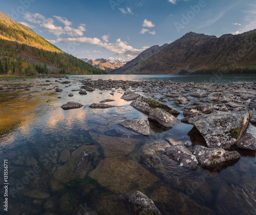 Rocky Lake Surrounded With Mountains Under Blue Sky, Altai Mountains Highland Nature Autumn Landscape Photo