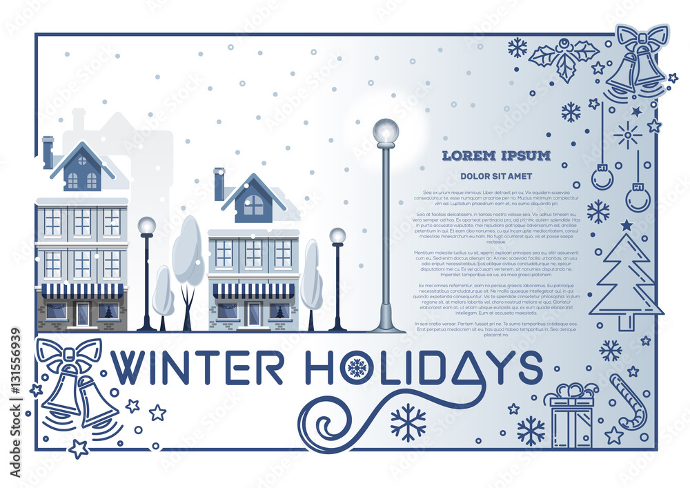 Winter holidays design. Christmas card template with winter snow-covered town, holly, jingle bells, candy, snowflakes, other Christmas symbols and space for your text. Vector illustration