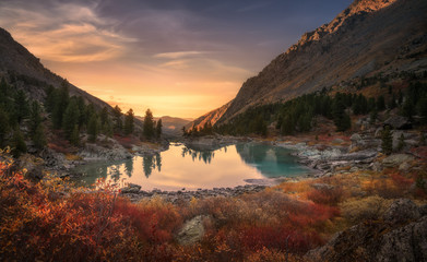 Glasbilder Natur Rosa Himmel und Spiegel wie See bei Sonnenuntergang mit roter Farbe Wachstum im Vordergrund, Altai-Gebirge Hochland Natur Herbst Landschaft Foto  © photoprime