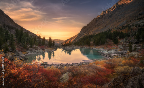 Pink Sky And Mirror Like Lake On Sunset With Red Color Growth On Foreground, Altai Mountains Highland Nature Autumn Landscape Photo #131556918