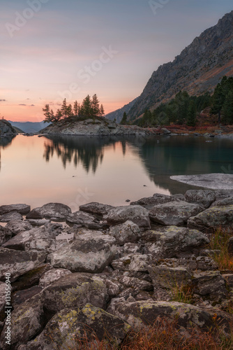 Rocky Shore Of The Mountain Lake On Sunset, Altai Mountains Highland Nature Autumn Landscape Photo