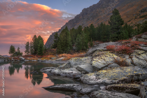 Mountain Lake Sunset Coast With Pine Forest And Rocks, Altai Mountains Highland Nature Autumn Landscape Photo