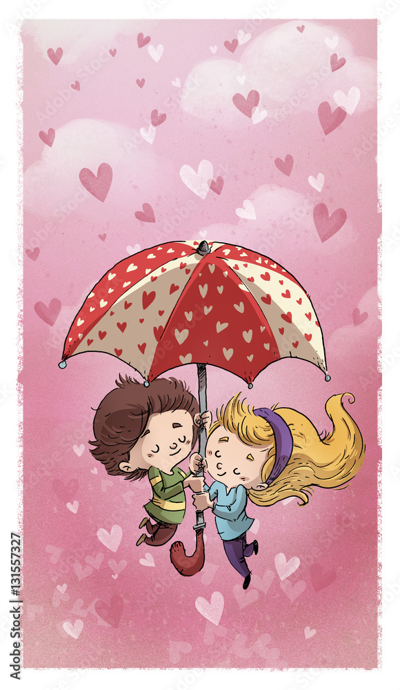 niños enamorados con paraguas de corazones Stock Illustration | Adobe Stock