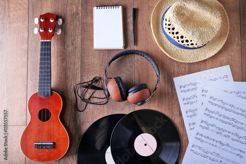 Small guitar, headphones, v...