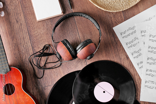 Small guitar, headphones, v...