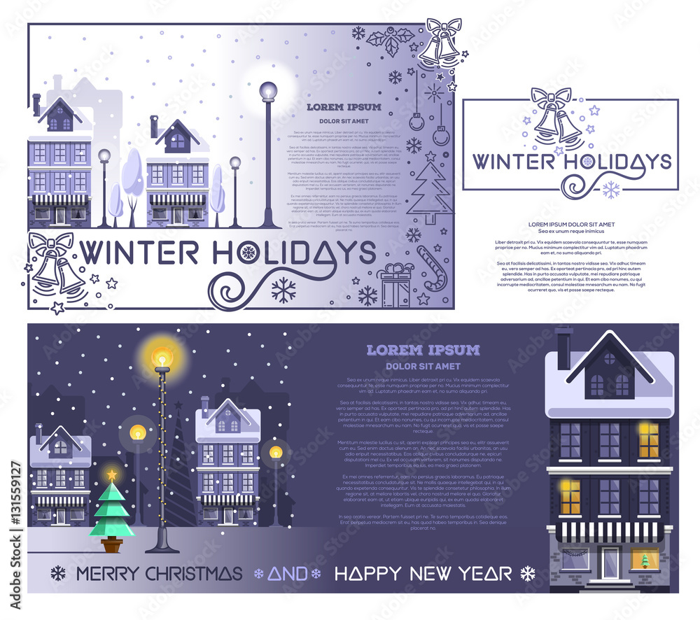 Greeting cards set and design elements for winter holidays. Winter landscape. Snowy town at holiday eve. Greeting inscription - Merry Christmas and Happy New Year. Vector illustration