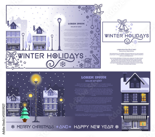 Greeting cards set and design elements for winter holidays. Winter landscape. Snowy town at holiday eve. Greeting inscription - Merry Christmas and Happy New Year. Vector illustration