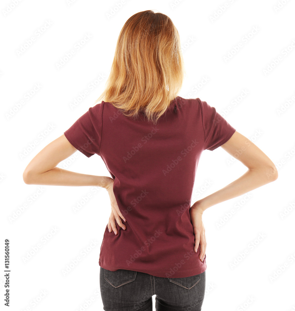 Young woman in blank maroon t-shirt on white background Young woman in blank maroon t-shirt on white background