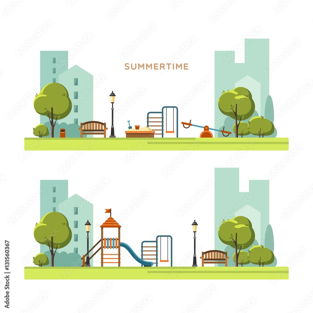 Public park in the city with children playground. Spring season. Vector illustration.