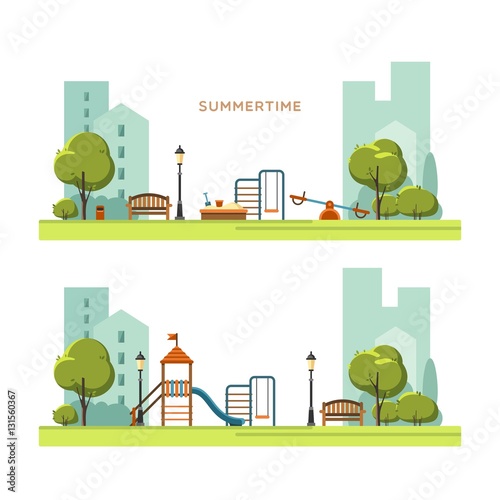 Public park in the city with children playground. Spring season. Vector illustration.