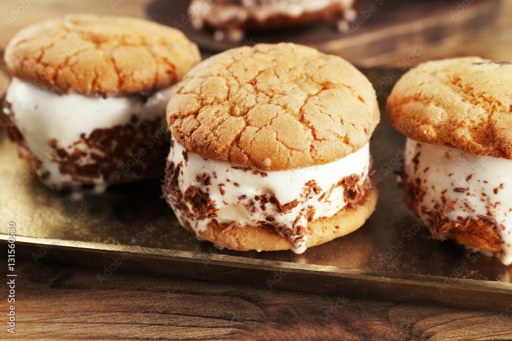 Ice cream cookie sandwiches on tray, closeup Ice cream cookie sandwiches on tray, closeup