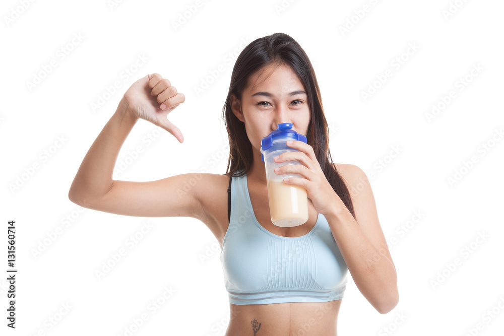 Beautiful Asian healthy girl thumbs down hate whey protein. Beautiful Asian healthy girl thumbs down hate whey protein.