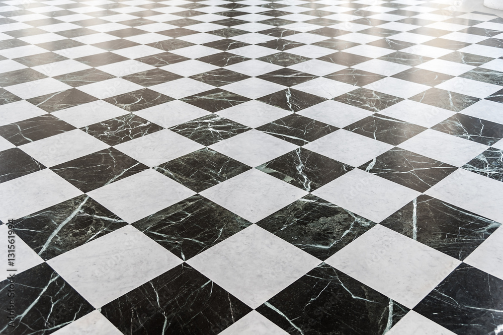 Black and white checkered marble floor - obrazy, fototapety, plakaty 
