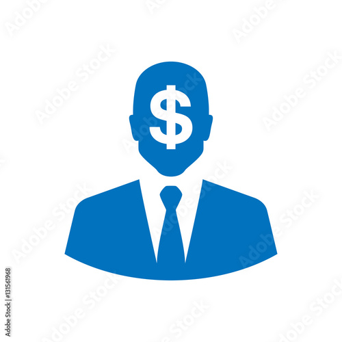 Icono plano silueta hombre con dolar azul en fondo blanco